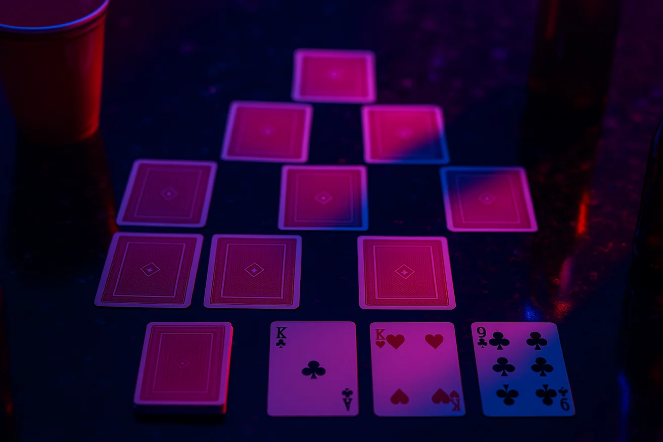 Spielkarten in Pyramidenformation für das Trinkspiel Busfahren