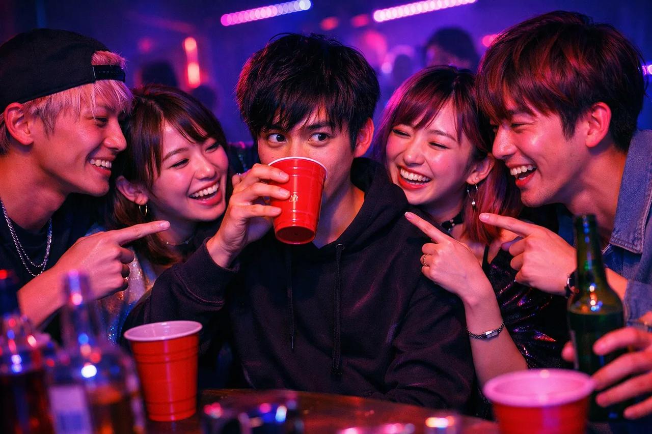 お酒を飲みながら『やったことないゲーム』で遊ぶ友達グループ