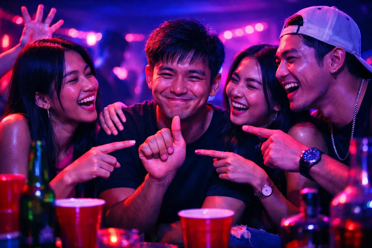 กลุ่มเพื่อนกำลังเล่นเกมเอานิ้วลงถ้า