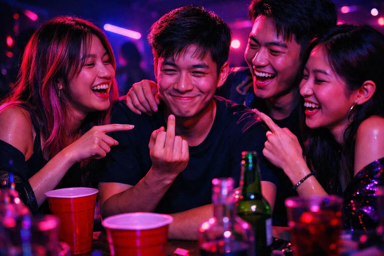 Nhóm bạn đang chơi trò Đặt ngón tay xuống nếu