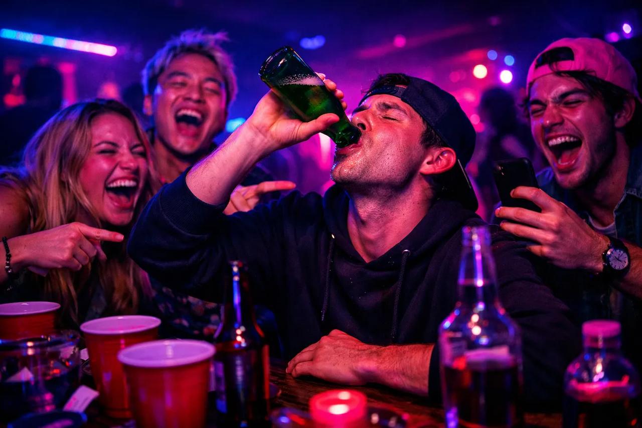 Freunde spielen ein lustiges Ich habe noch nie Spiel mit Drinks