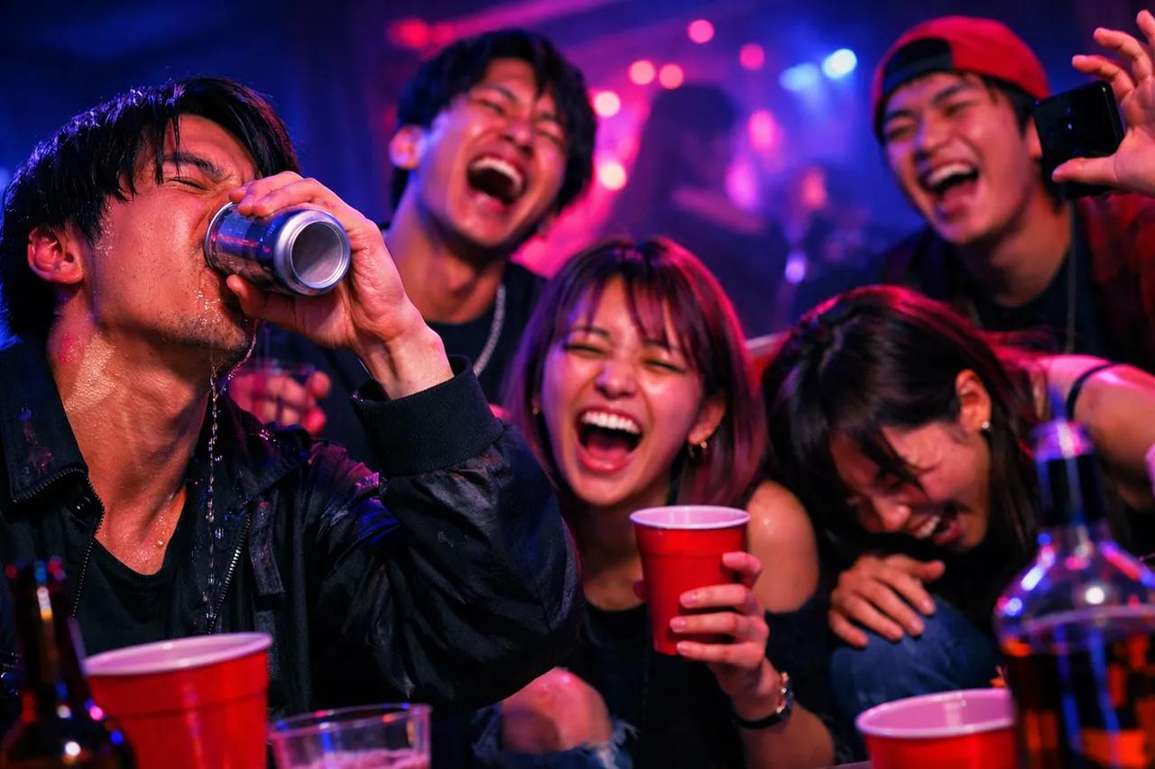 お酒を飲みながら面白い『やったことないゲーム』で遊ぶ友達グループ