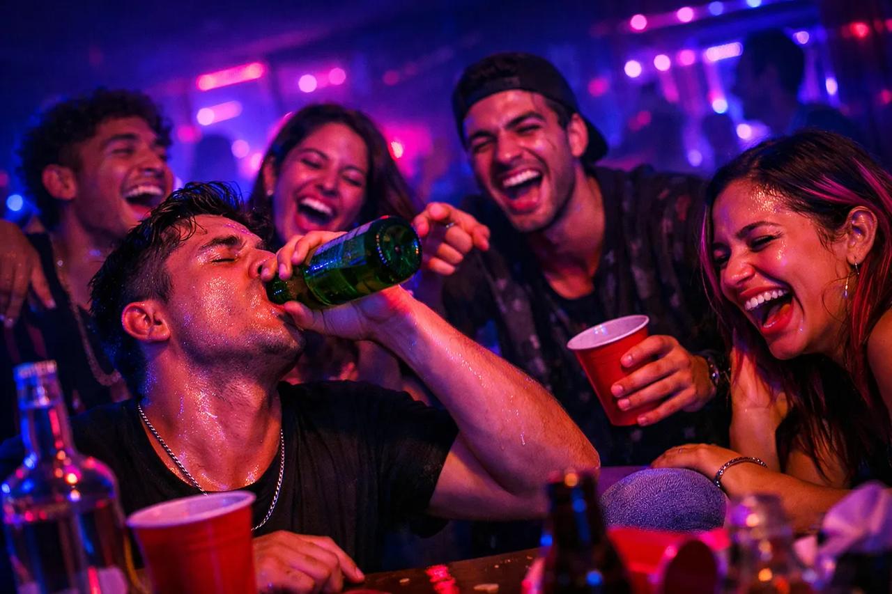 Amigos se divertindo com o jogo Eu Nunca e bebidas