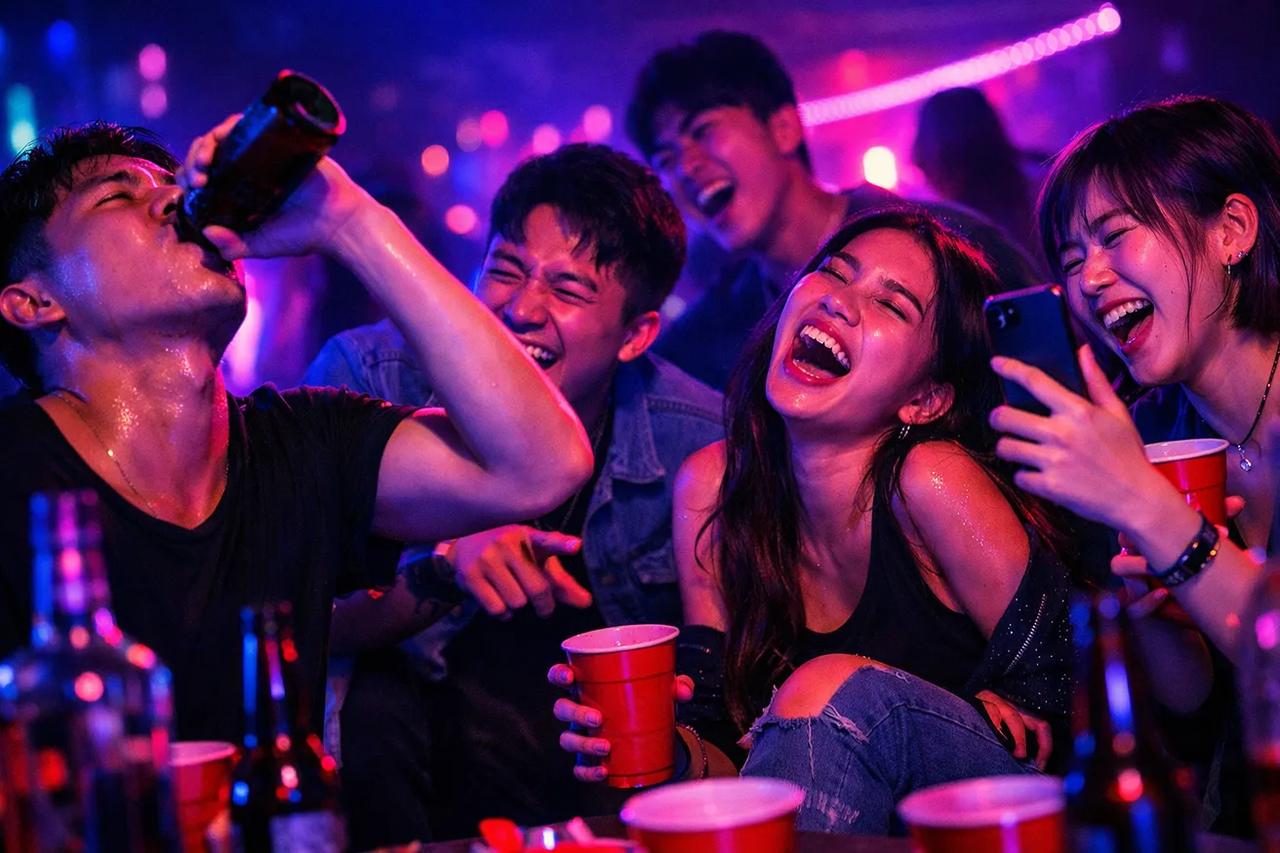 朋友們在派對上玩有趣的「我從來沒有」喝酒遊戲