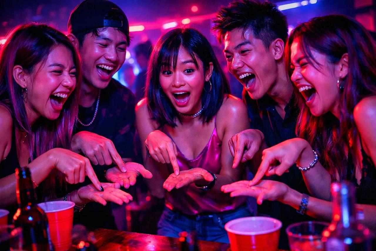 กลุ่มเพื่อนกำลังเล่นเกมเอานิ้วลงถ้า