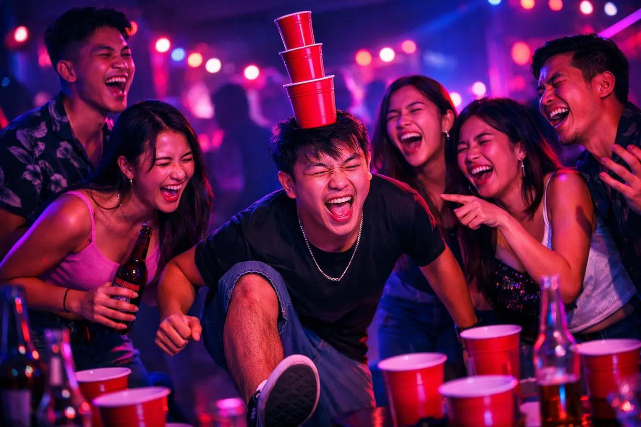 กลุ่มเพื่อนกำลังเล่นเกมจริงหรือกล้ากันอย่างสนุกสนาน