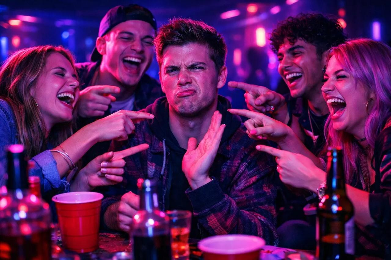 Freunde spielen das Spiel Wer würde eher, lustige Atmosphäre