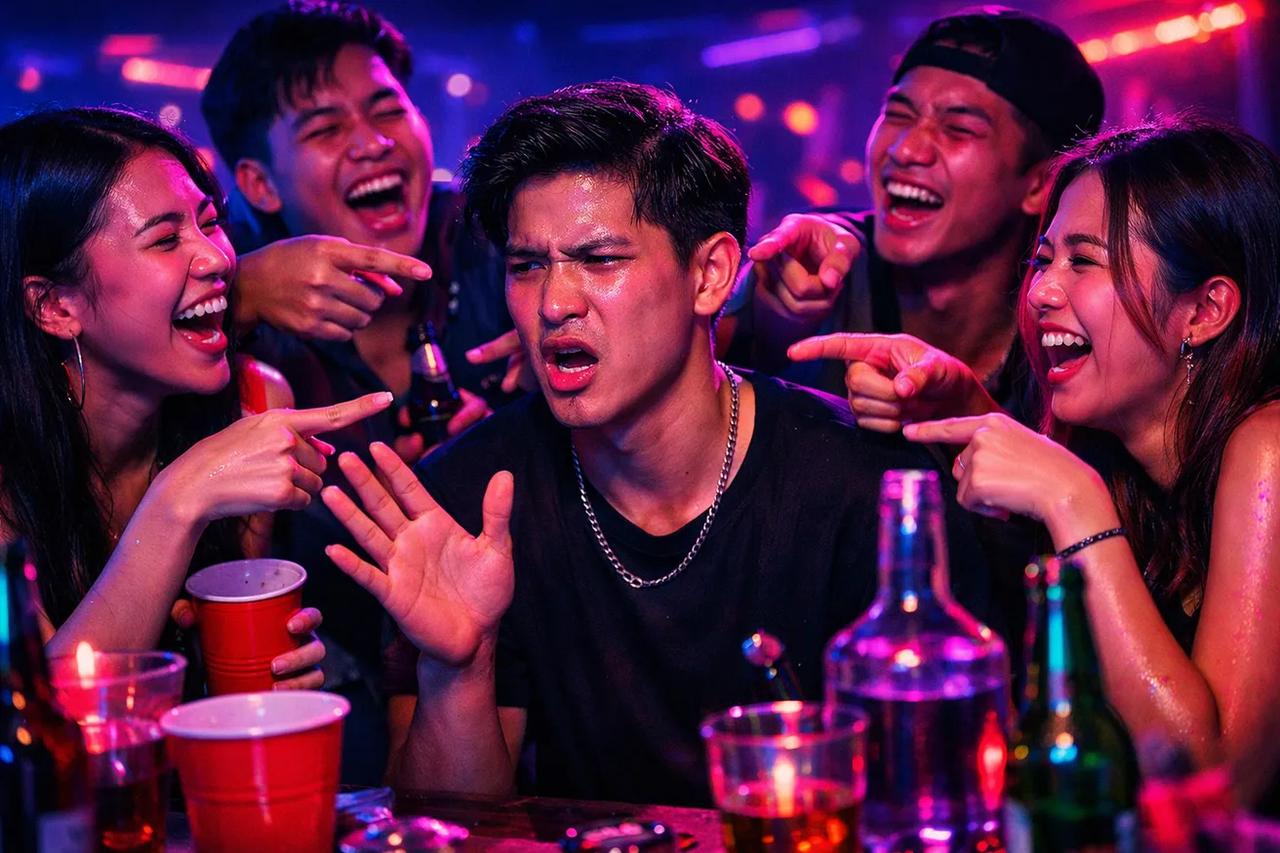 กลุ่มเพื่อนกำลังเล่นเกมใครน่าจะในบรรยากาศสุดฮา