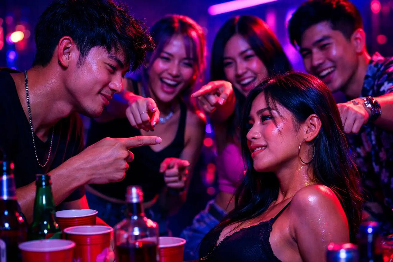 กลุ่มเพื่อนกำลังเล่นเกมใครน่าจะในบรรยากาศสุดแซ่บ