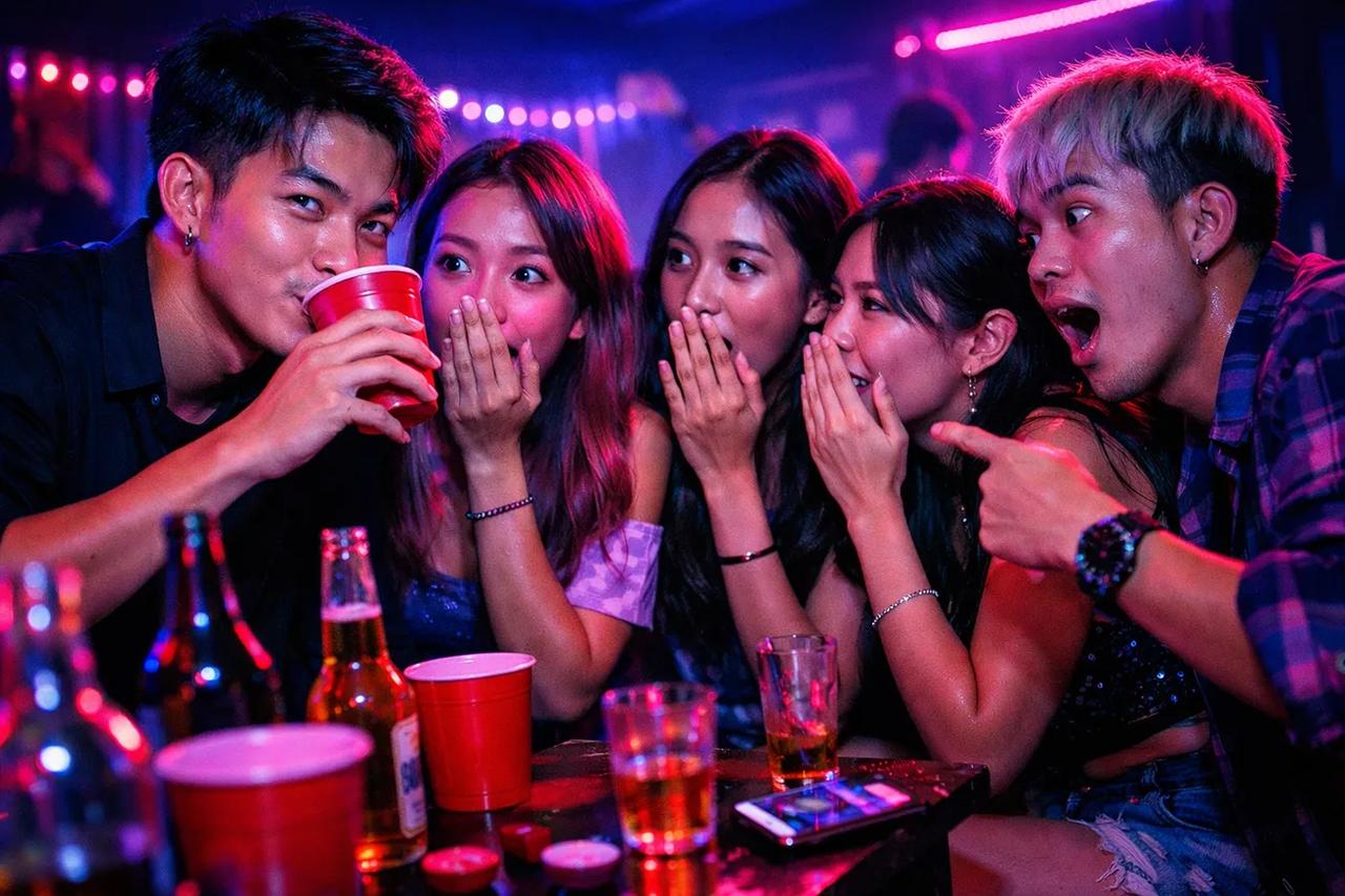 เพื่อนๆ กำลังเล่นเกม 'ฉันไม่เคย' พร้อมเครื่องดื่มในปาร์ตี้
