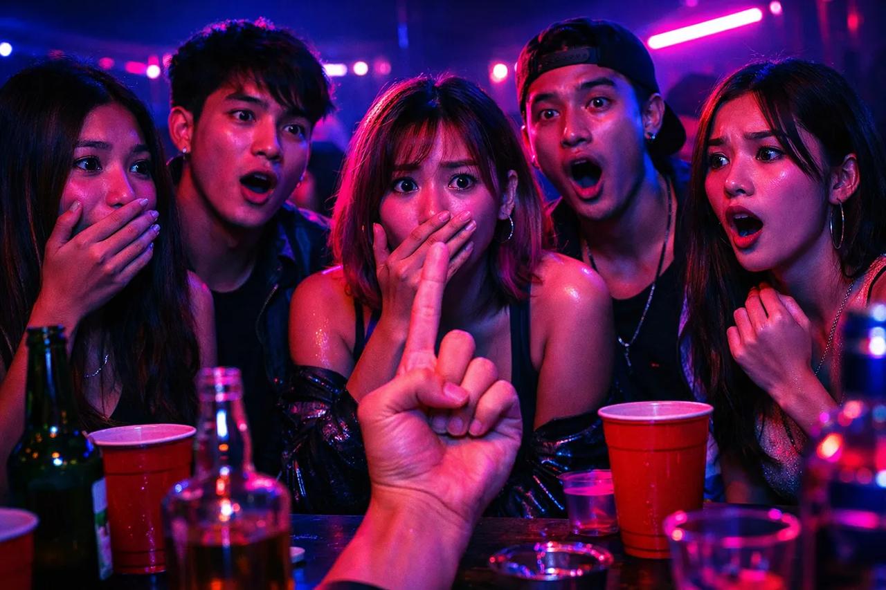 กลุ่มเพื่อนกำลังเล่นเกมเอานิ้วลงถ้า