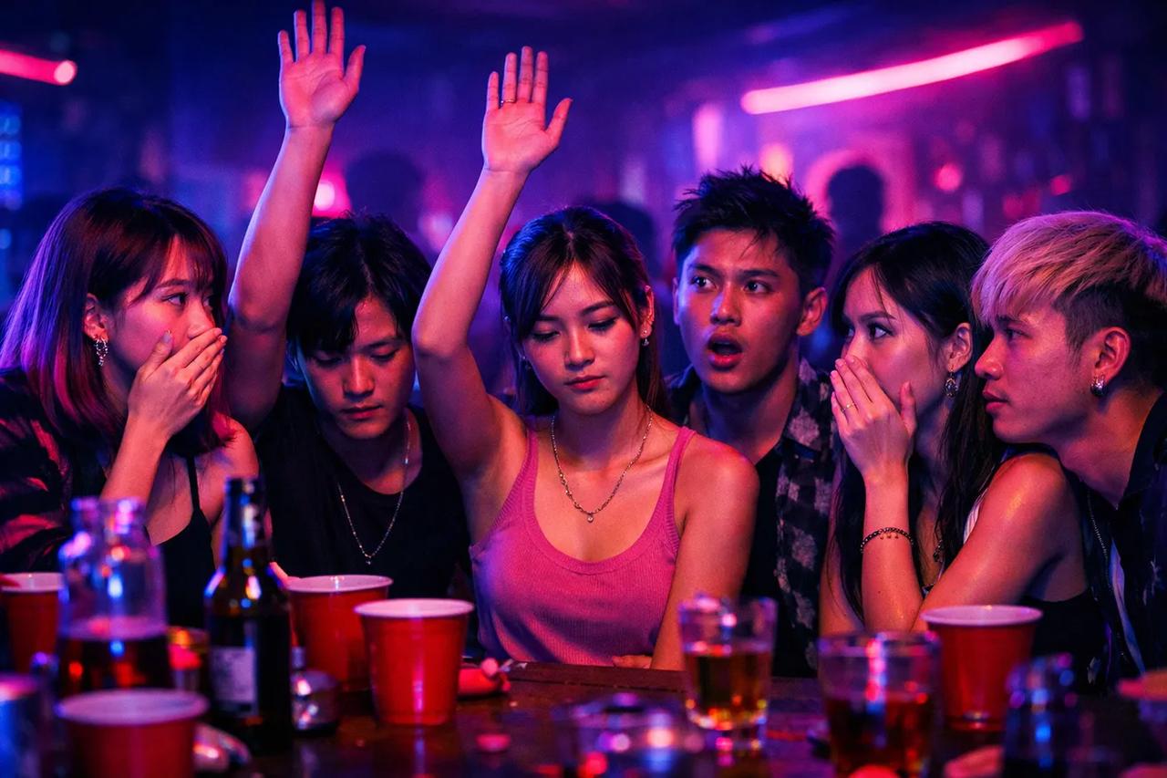 กลุ่มเพื่อนกำลังนั่งคุยกันอย่างลึกซึ้งระหว่างเล่นเกม 'คุณจะเลือกอะไร'