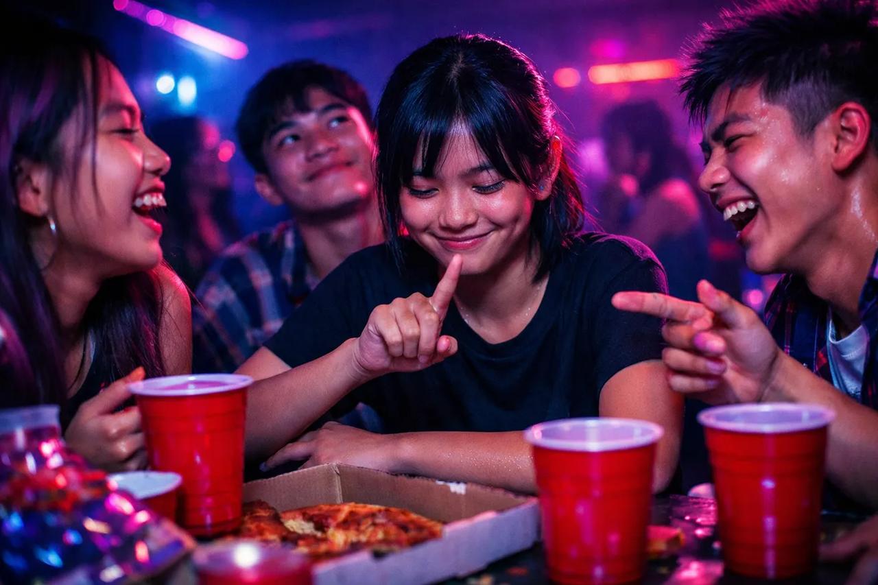 กลุ่มวัยรุ่นกำลังเล่นเกม 'ฉันไม่เคย'