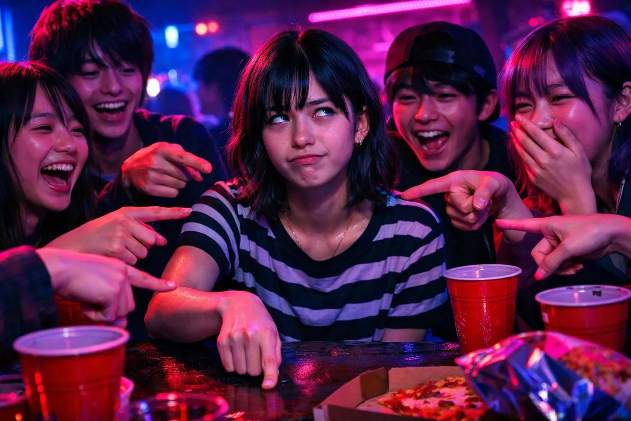 指一本下げてゲームでワイワイするティーンたち