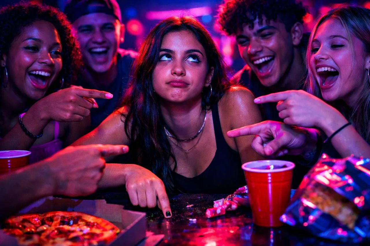 Adolescentes jogando o jogo Abaixe um dedo se