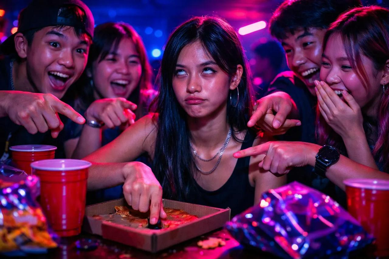 กลุ่มวัยรุ่นกำลังเล่นเกมเอานิ้วลง