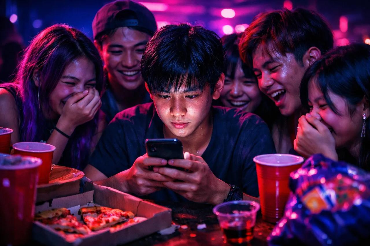 กลุ่มเพื่อนวัยรุ่นกำลังเล่นเกมจริงหรือกล้า