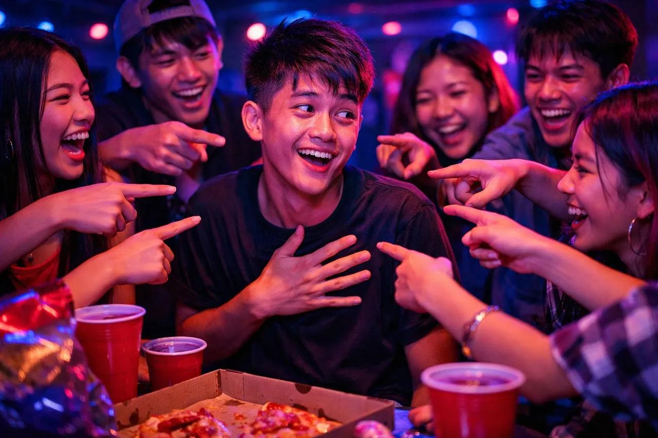 กลุ่มเพื่อนวัยรุ่นกำลังเล่นเกมใครน่าจะ