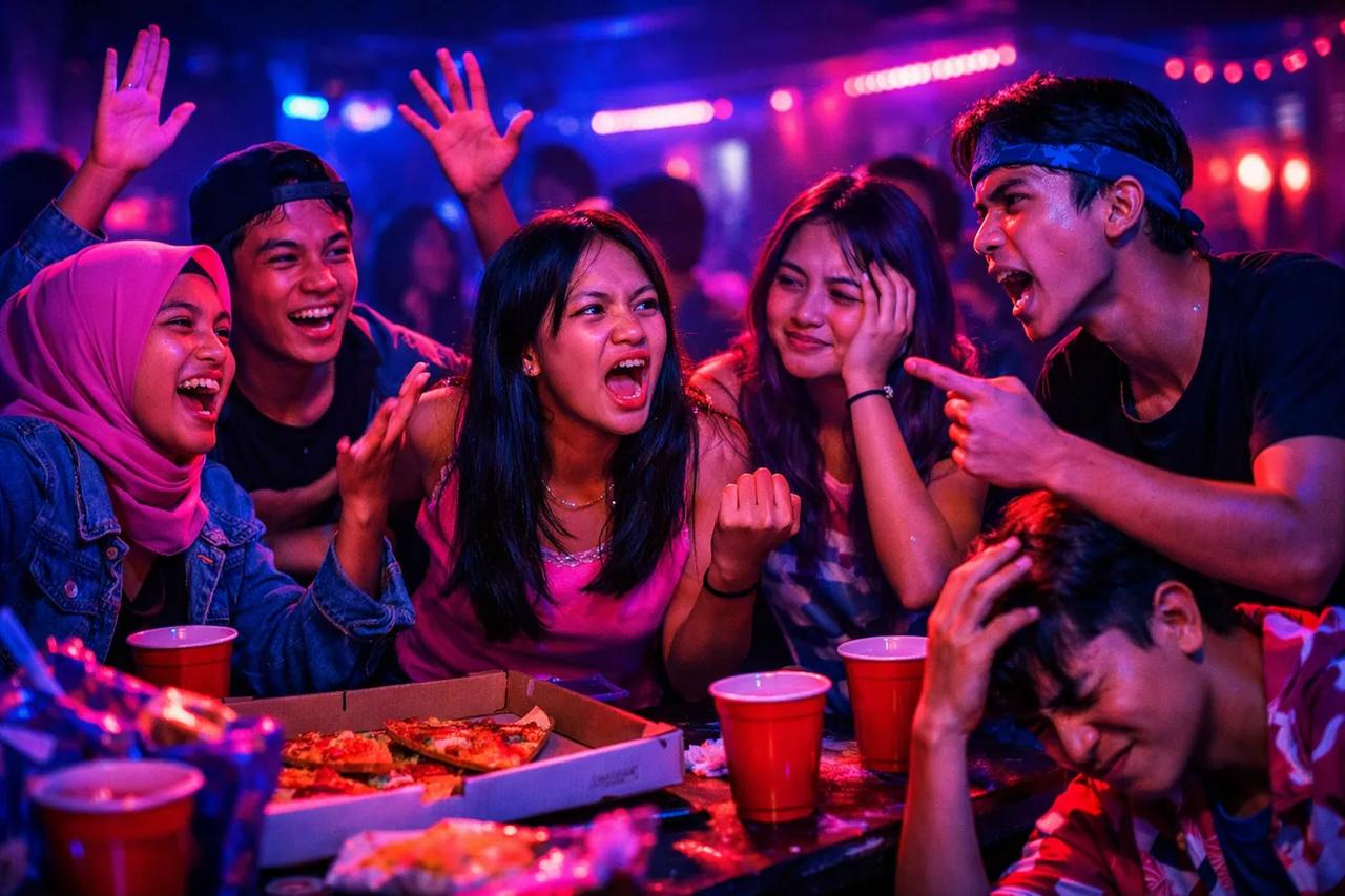 Remaja ketawa main game Pilih Mana