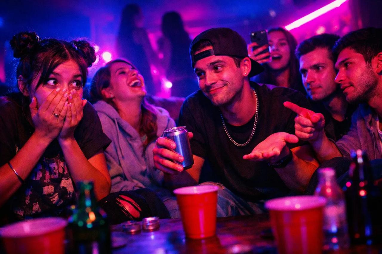 Skupina kamarádů sedí v kruhu s drinky a hraje pravda nebo pij