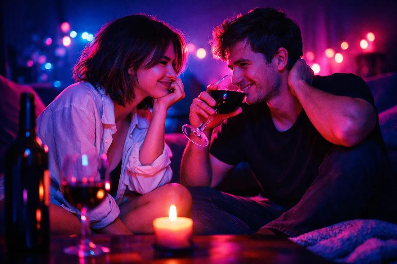 Pár sedící naproti sobě s drinky hraje Pravda nebo pij během večera ve dvou