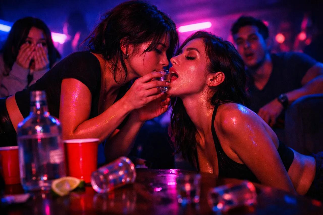 Et par og venner deler drinks under en sen og fræk runde Sandhed eller Shot