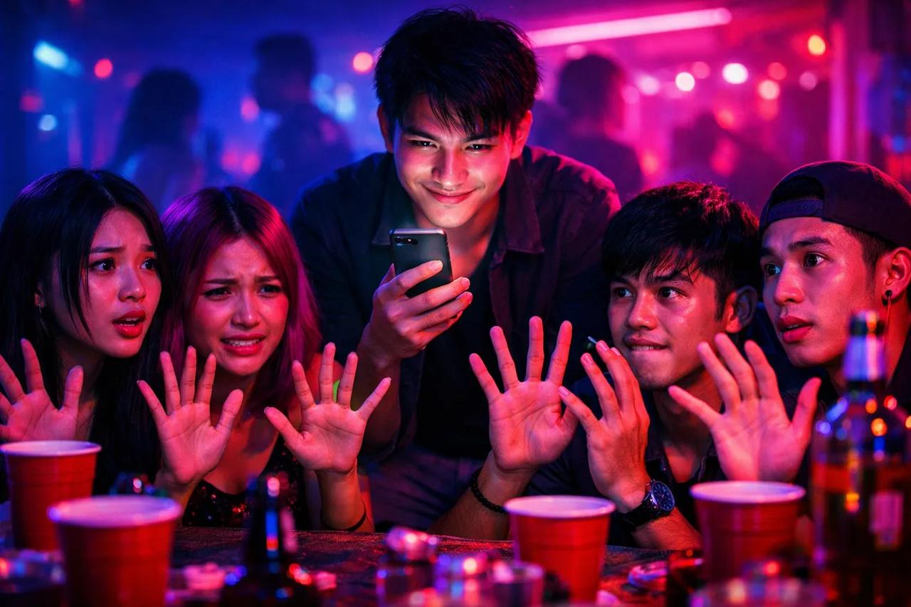 กลุ่มเพื่อนกำลังเล่นเกมเอานิ้วลงถ้า