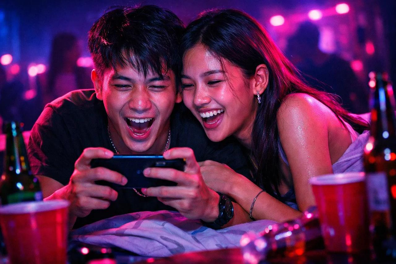 คู่รักกำลังเล่นเกม เขาเป็น 10 แต่ อย่างมีความสุข