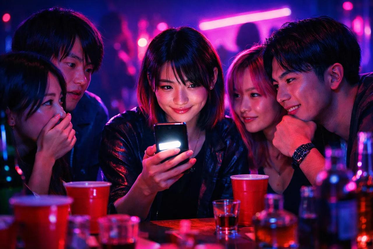 お酒を飲みながら『やったことないゲーム』で遊ぶ友達グループ