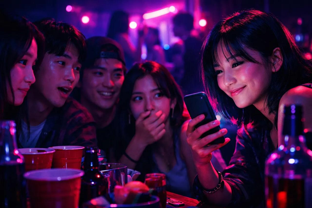 친구들과 술 마시며 손병호 게임을 하는 모습