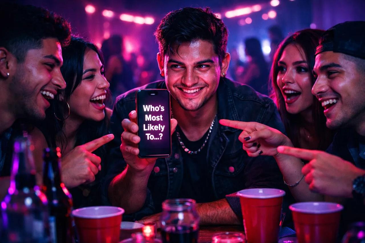Amigos jugando al juego Quién es más probable con bebidas