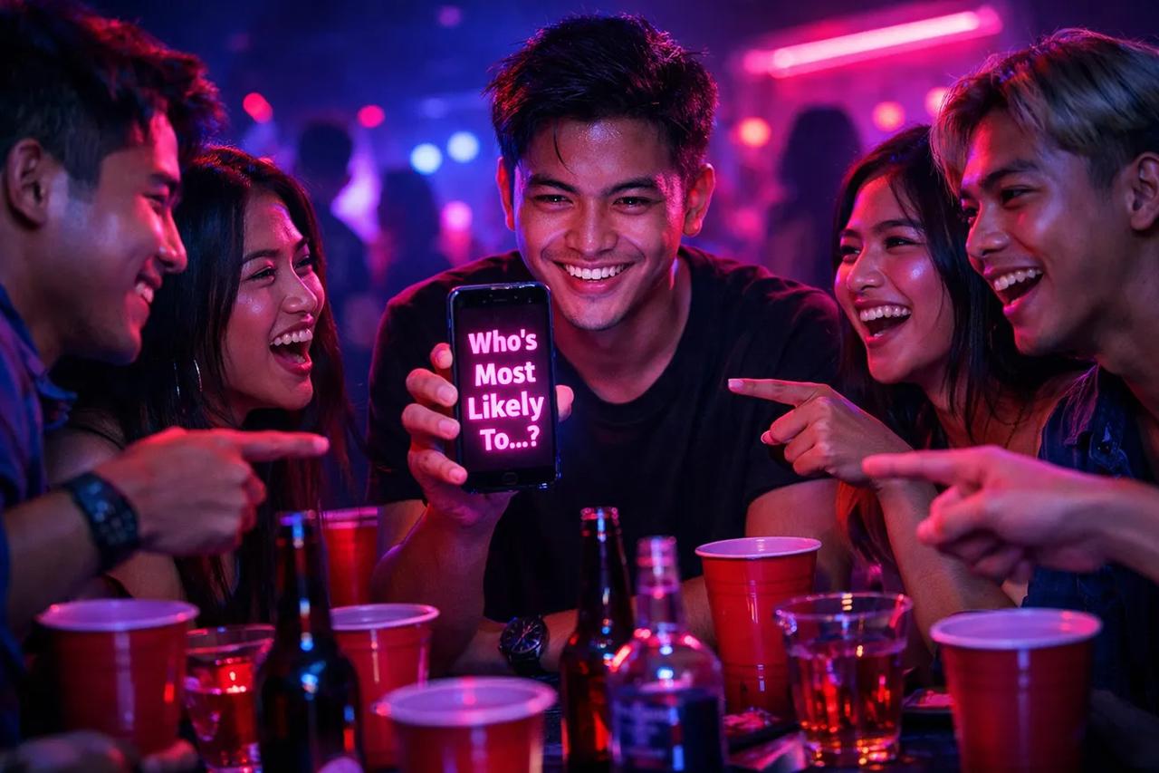 Magbabarkadang naglalaro ng Sino Ang Pinakamalamang habang nag-iinuman