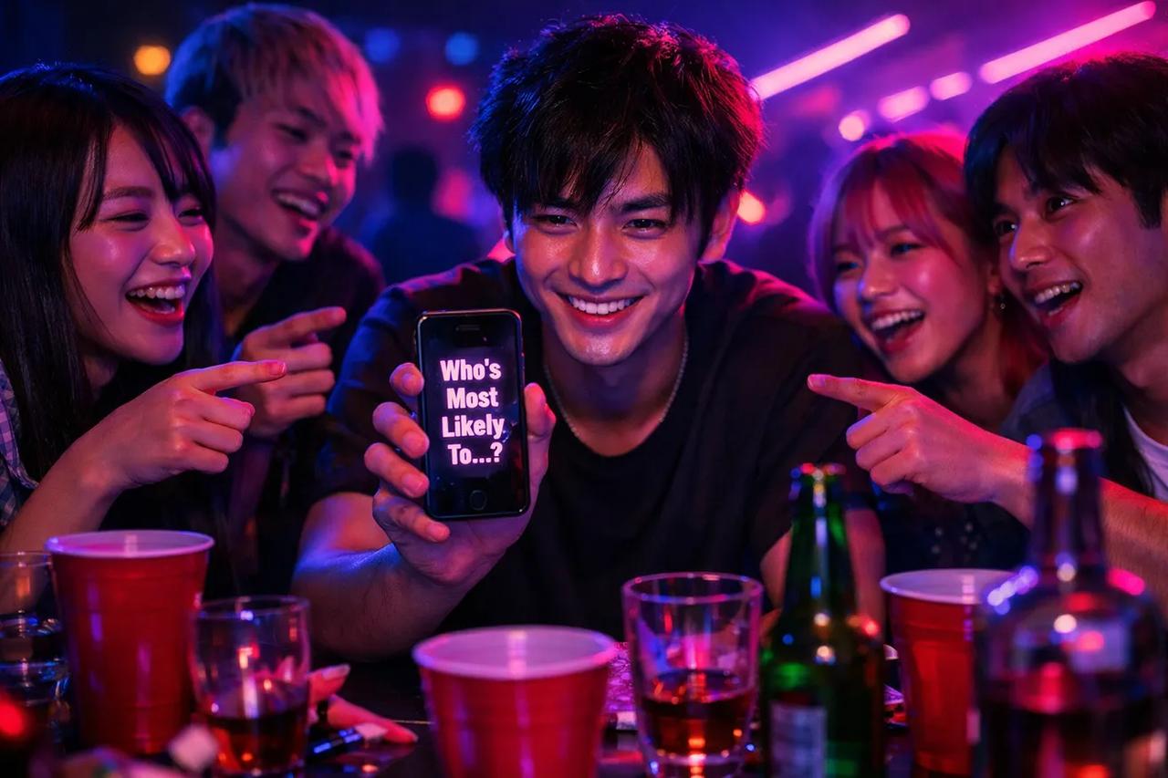 お酒を飲みながら「誰が一番ゲーム」で遊ぶ友達