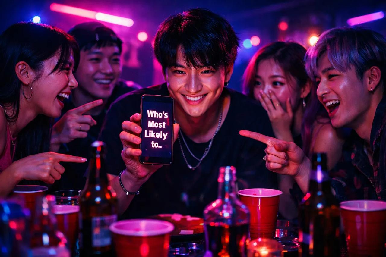 술을 마시며 이미지 게임을 하는 친구들