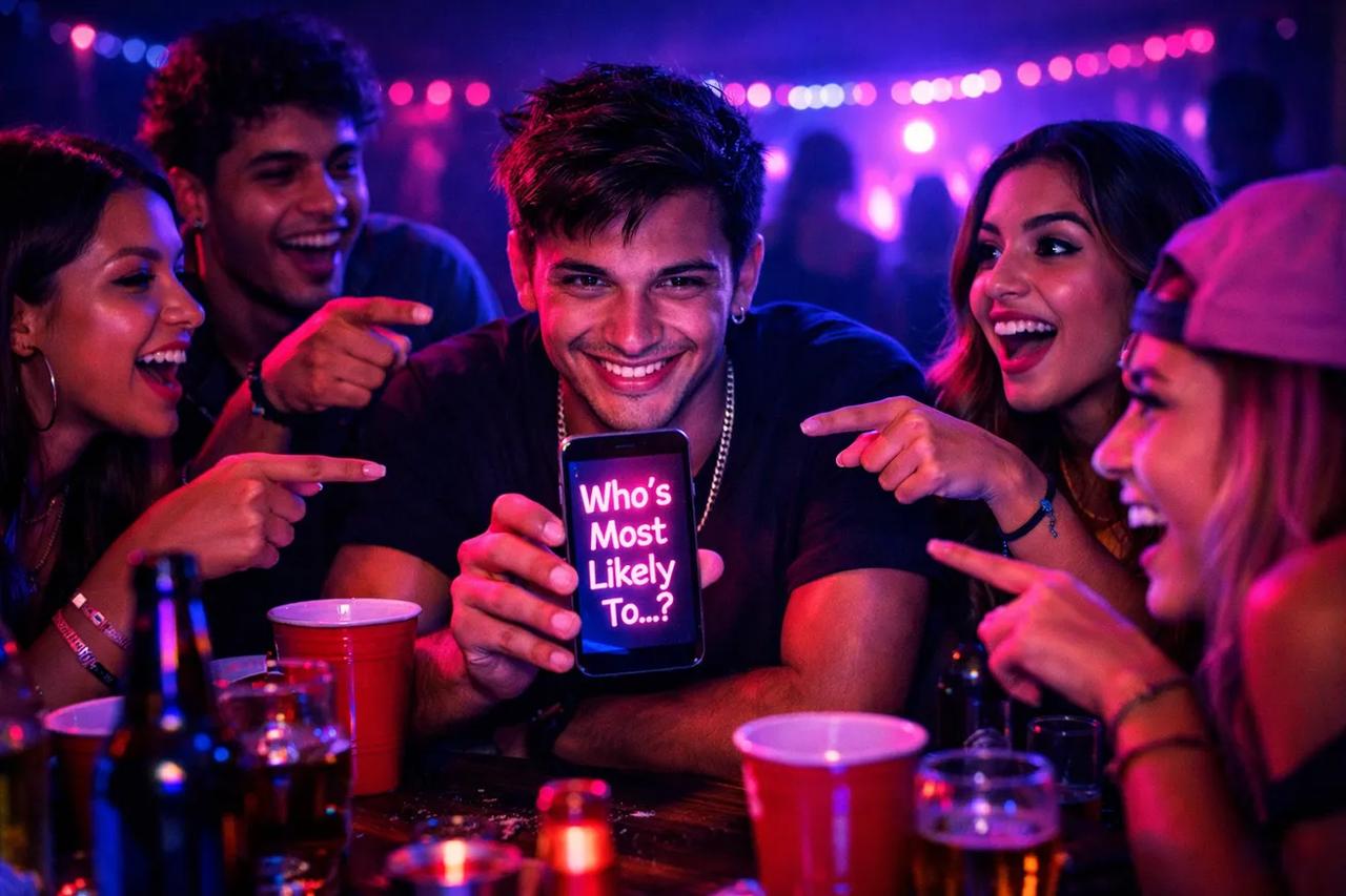 Amigos jogando Quem é mais provável com bebidas alcoólicas