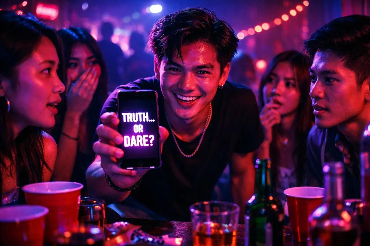 กลุ่มเพื่อนกำลังเล่นเกมจริงหรือกล้ากันอย่างสนุกสนาน