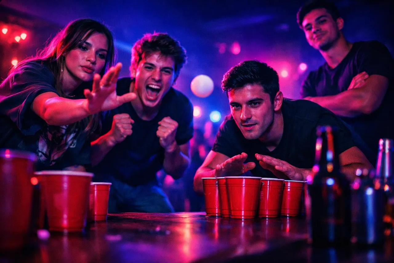 Bir partide masaya dizilmiş bardaklarla Beer Pong oynayan oyuncular