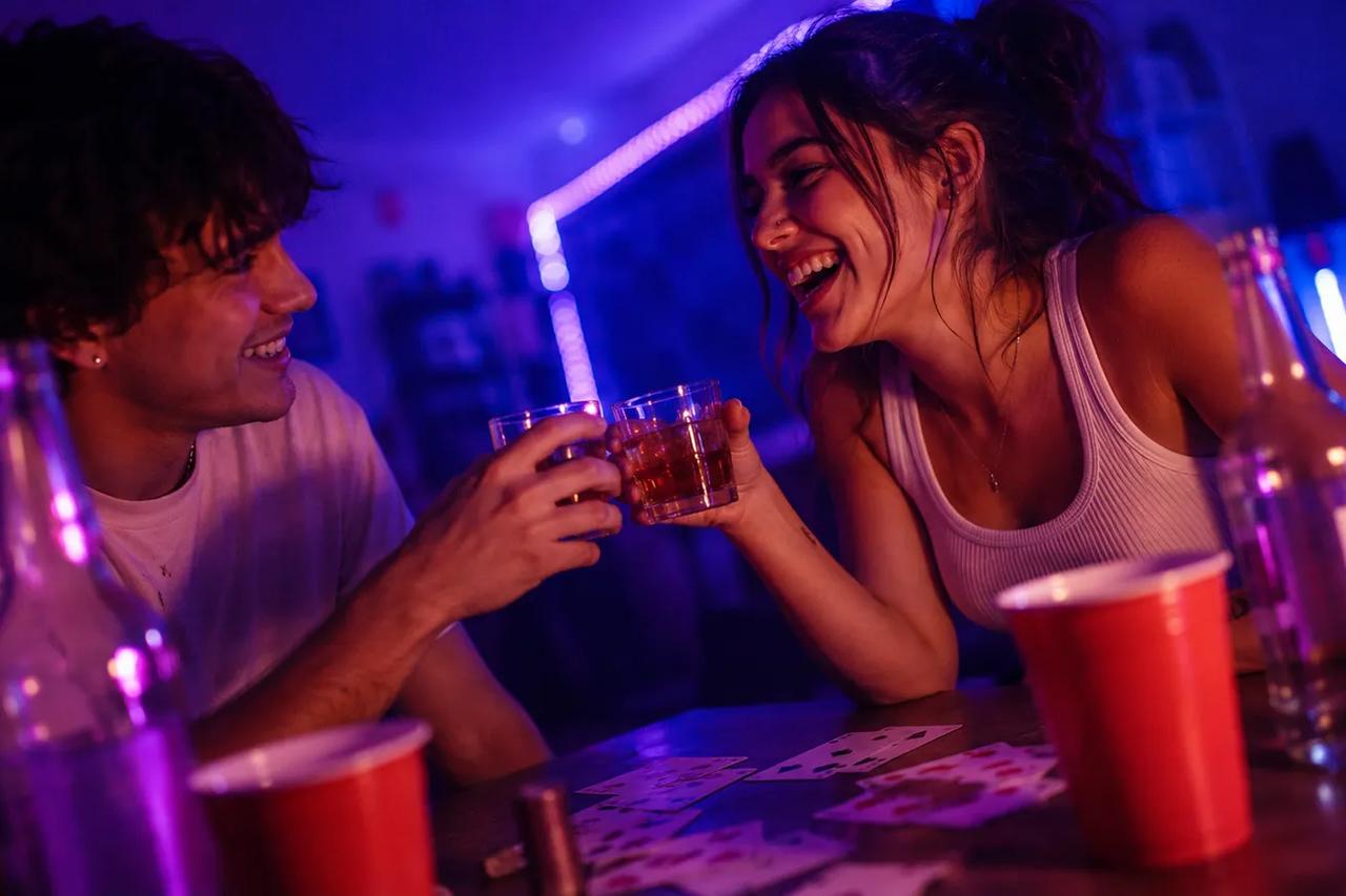Deux personnes jouant à des jeux d'alcool ensemble pendant un date en tête-à-tête