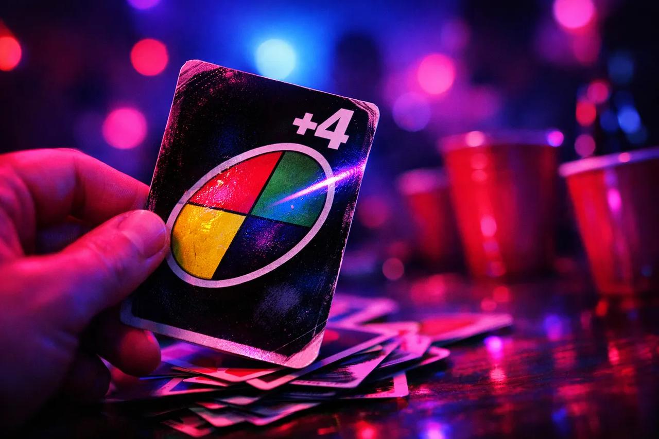 Freunde spielen UNO Trinkspiel an einem Partytisch, umgeben von Drinks und UNO-Karten