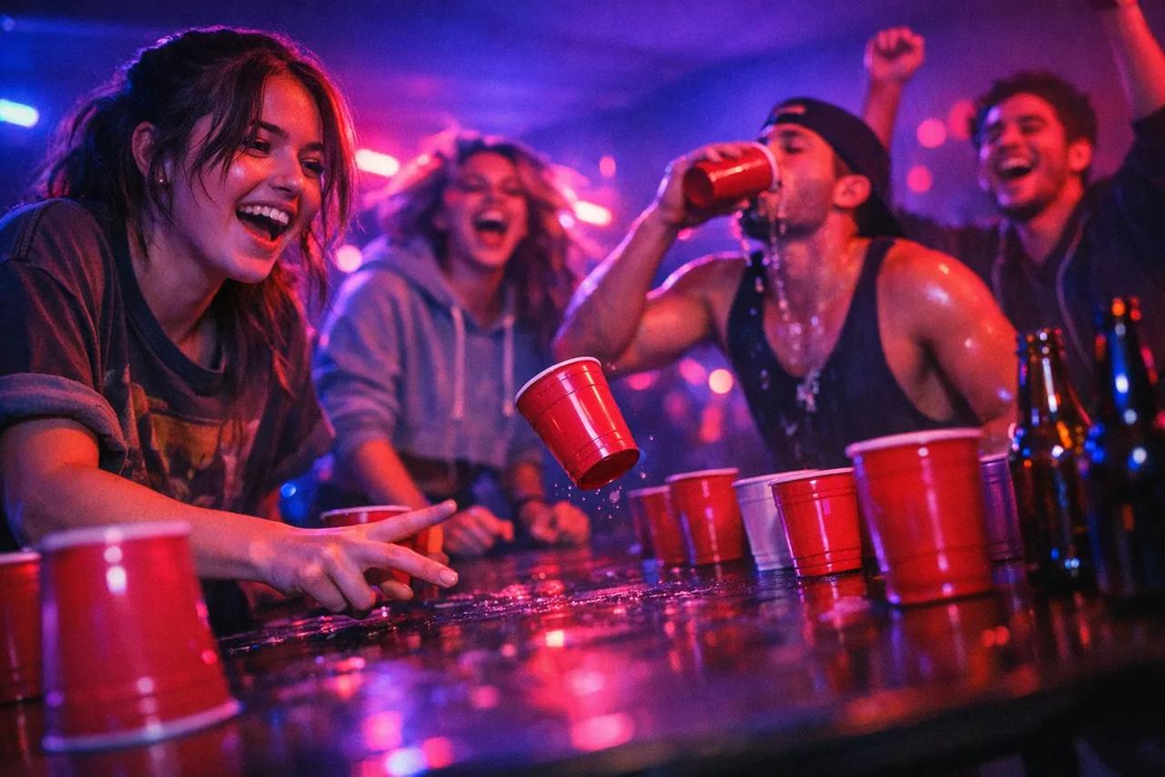 Bir partide masada dizili plastik bardaklarla flip cup içme oyunu oynayan oyuncular