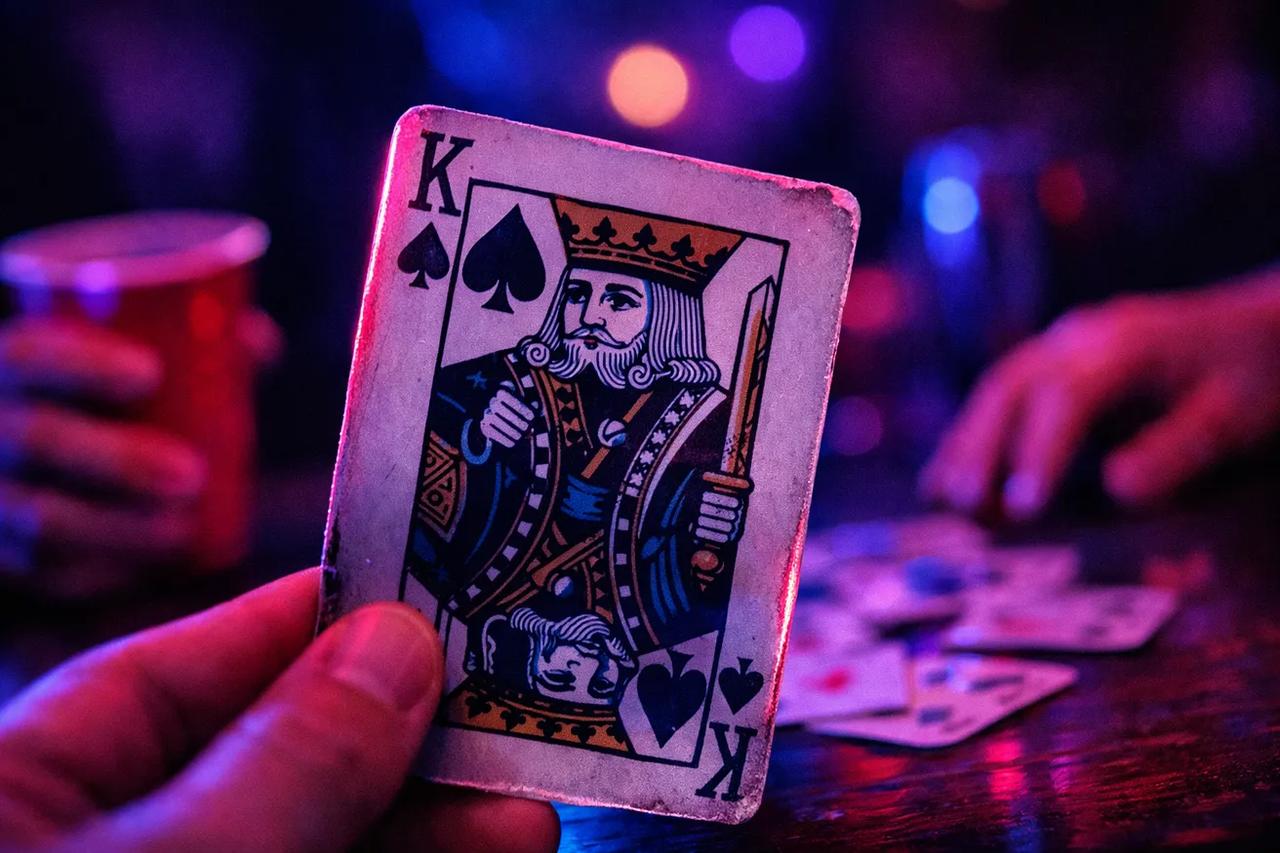 Prijatelji igraju Fuck the Dealer kartašku igru s pićem oko stola s kartama i pićima