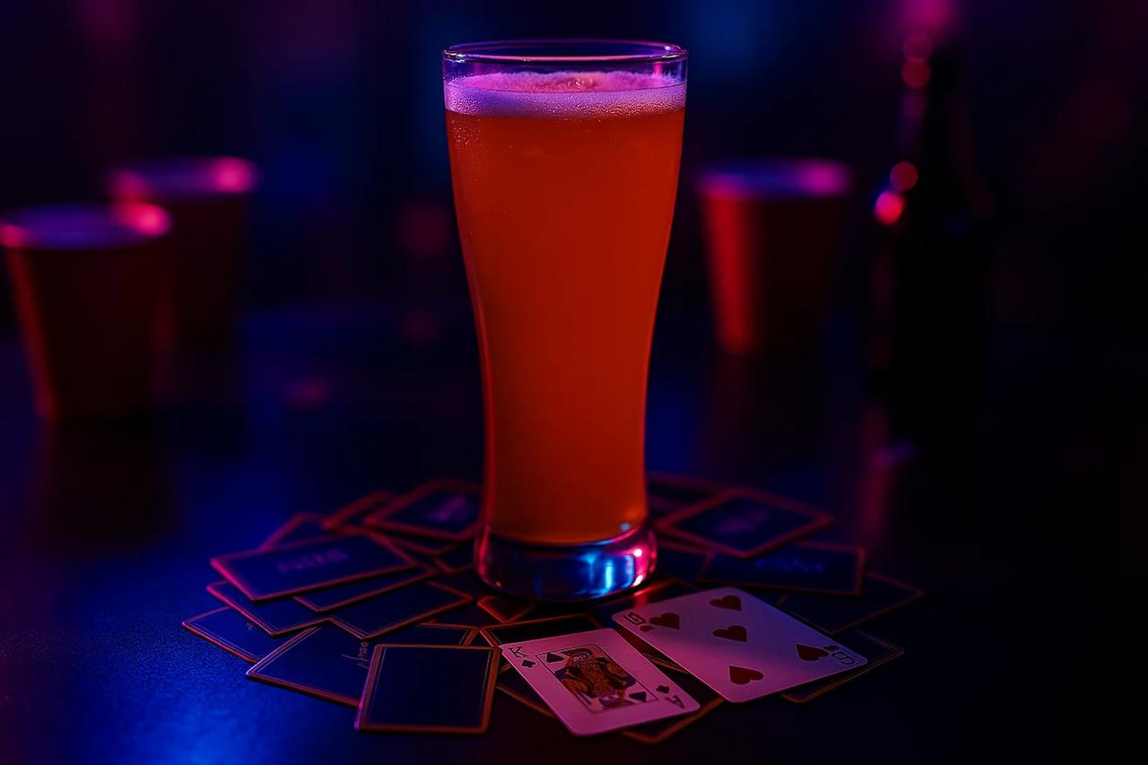 Speelkaarten in een cirkel gelegd rond een glas, wat de opstelling van het King's Cup spel laat zien