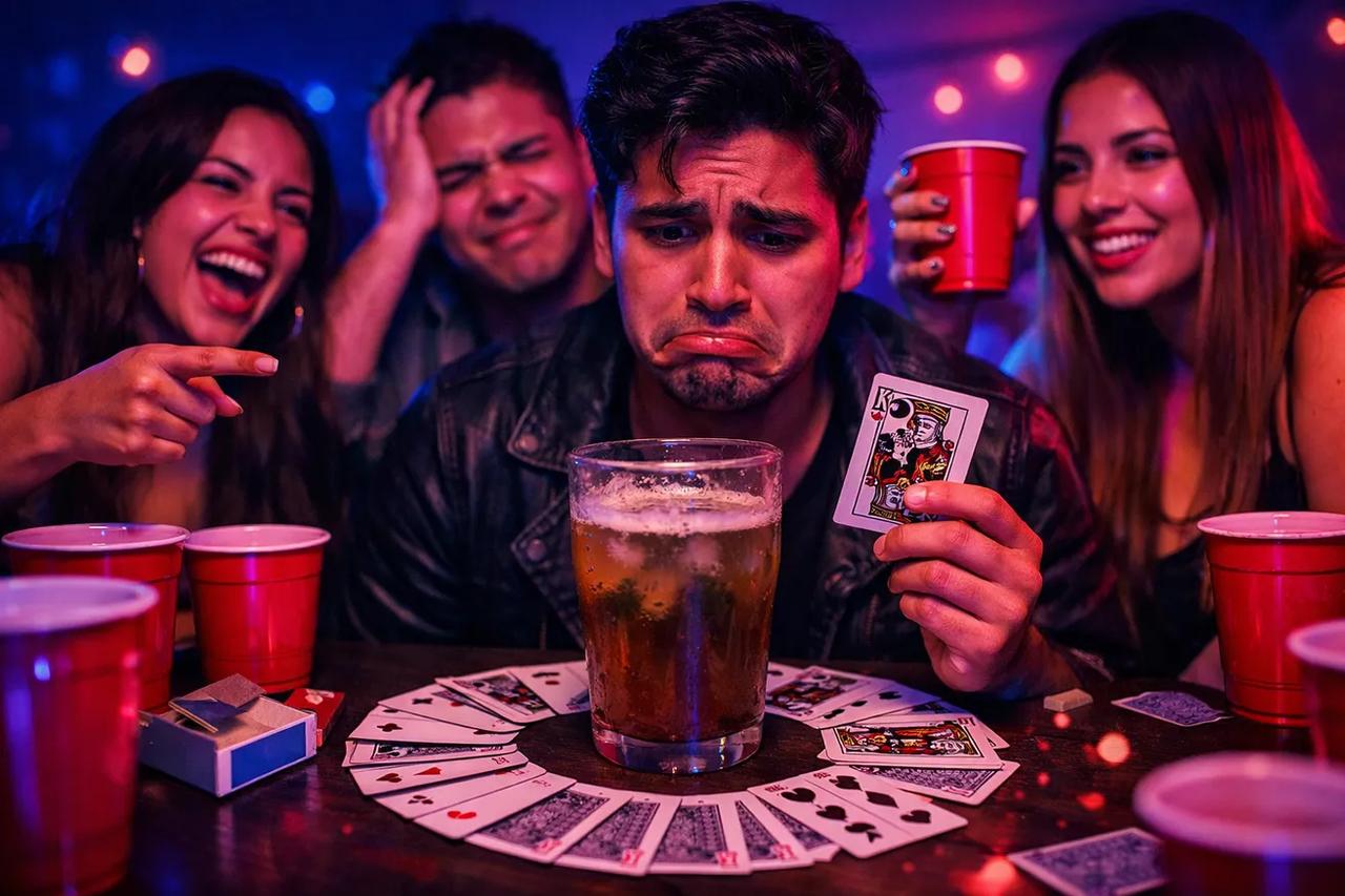 Cartas dispuestas en círculo alrededor de un vaso demostrando la disposición del juego El Rey