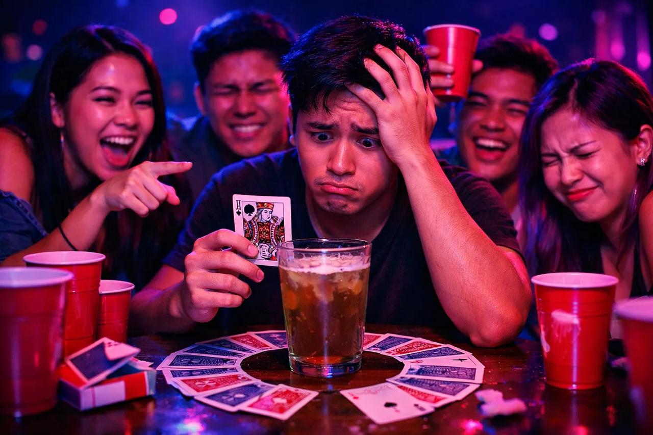 Mga baraha na nakaayos nang pabilog sa paligid ng isang baso, pinapakita ang setup ng King's Cup