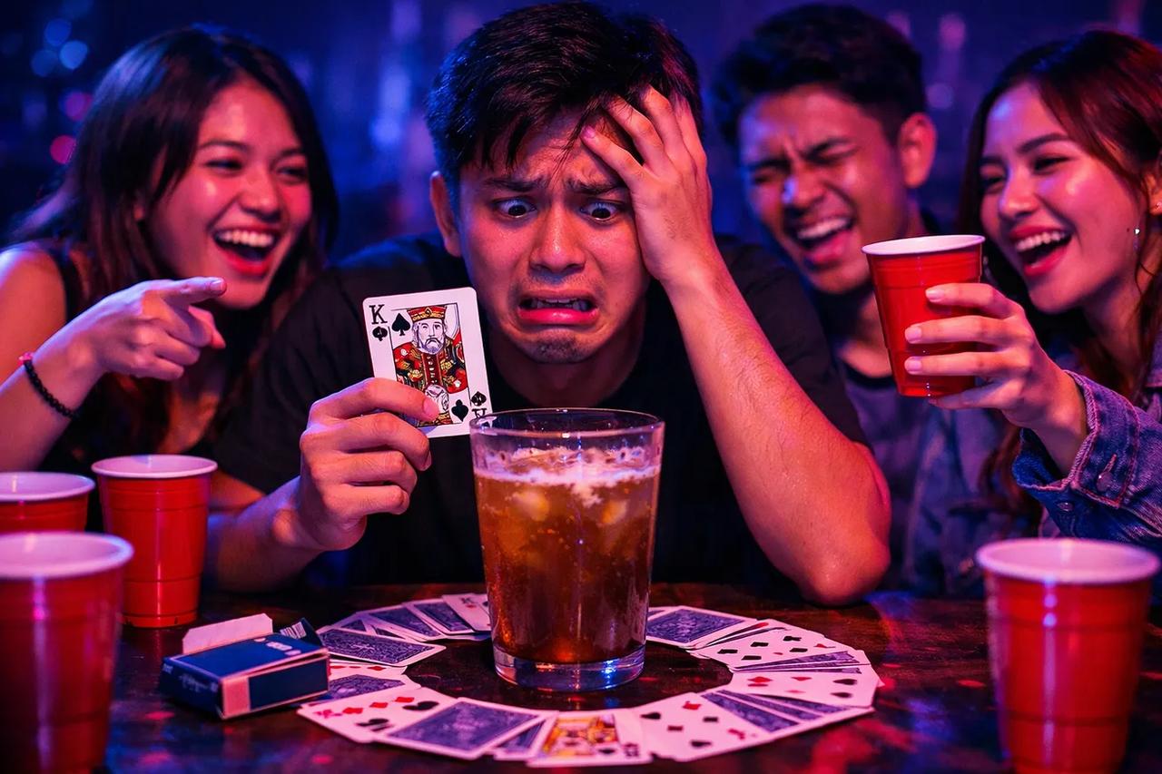 Kartu remi disusun melingkar mengelilingi gelas di tengah untuk persiapan main King's Cup