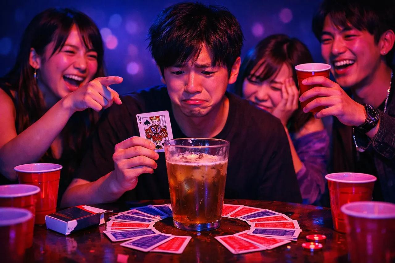 キングスカップゲームの準備風景。グラスの周りに円形に並べられたトランプカード。