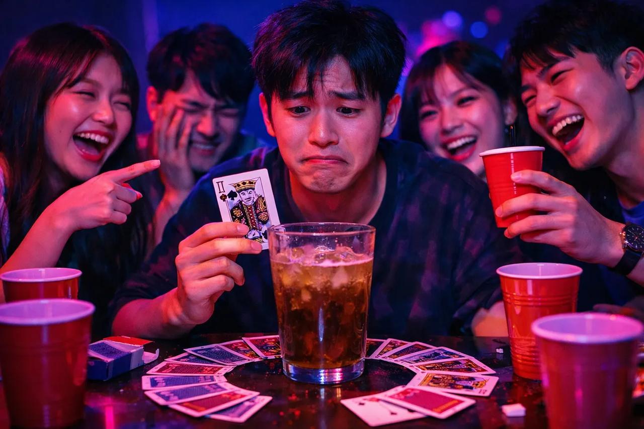 킹스 컵 게임 세팅을 보여주는, 유리잔 주위에 원형으로 놓인 플레잉 카드들