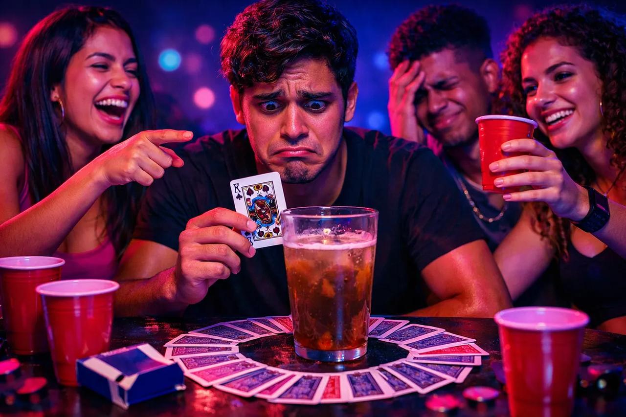 Cartas de baralho em círculo ao redor de um copo, mostrando como preparar o jogo King's Cup