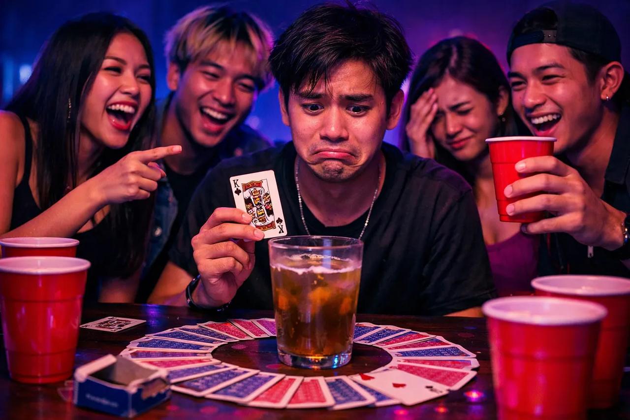 ไพ่ที่วางเป็นวงกลมรอบแก้วโชว์การตั้งค่าสำหรับเกมคิงส์คัพ