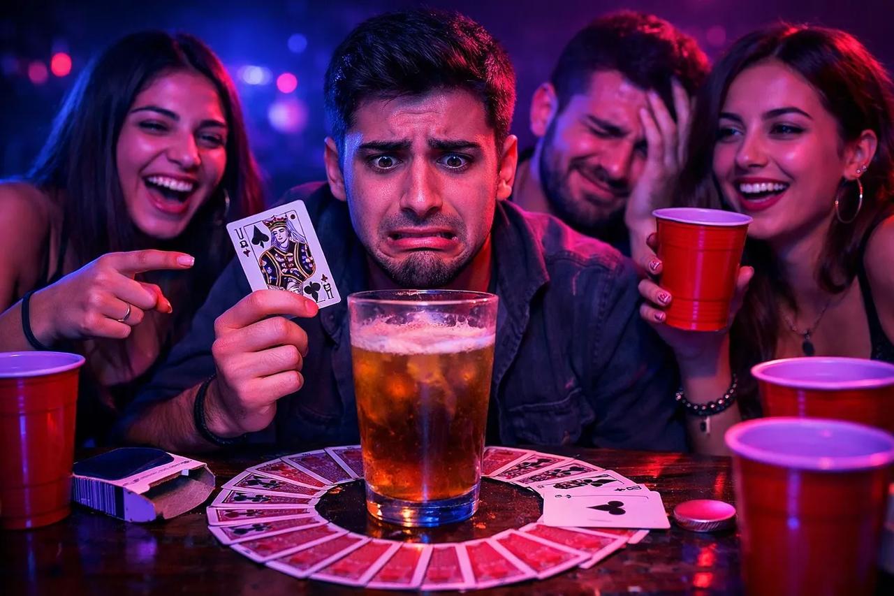 King's Cup oyununun kurulumunu gösteren, bir bardağın etrafına daire şeklinde dizilmiş oyun kartları